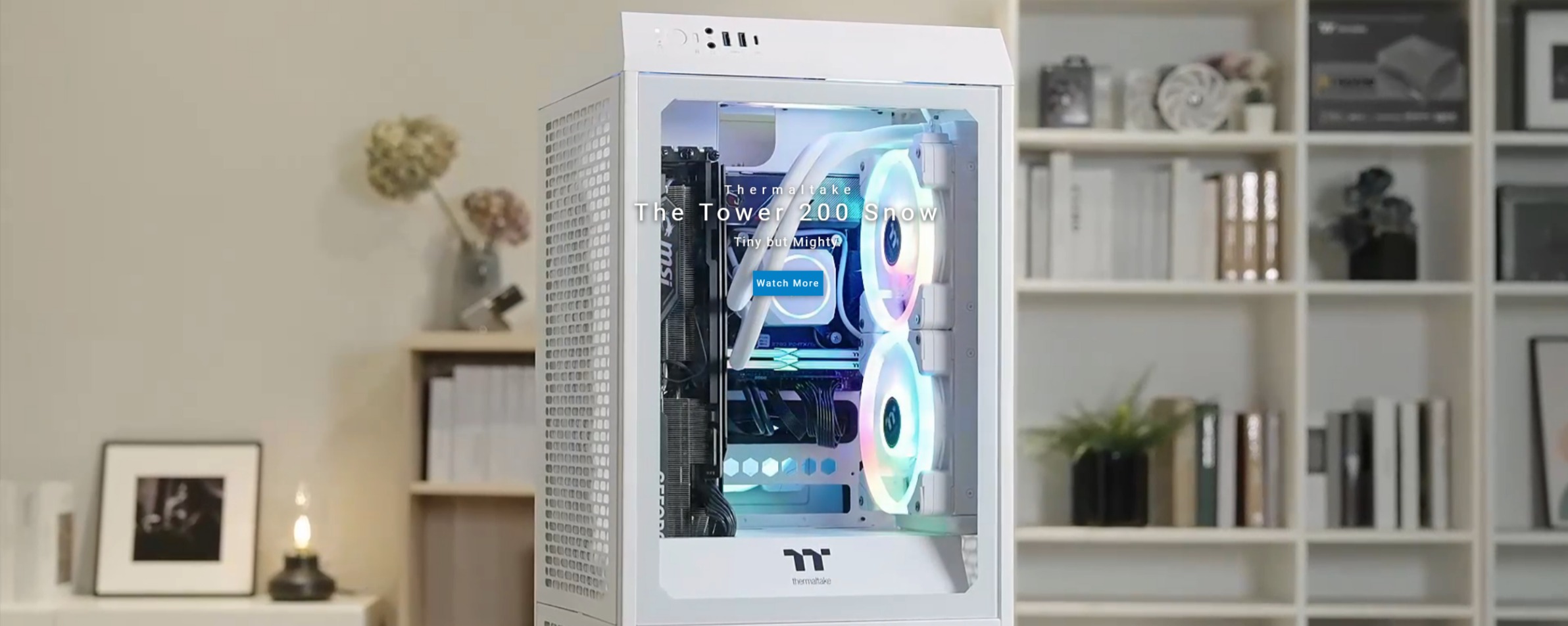 A large marketing image providing additional information about the product Thermaltake The Tower 200 - Mini Tower Case (Snow) - Additional alt info not provided